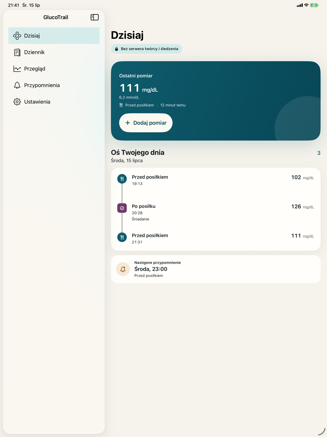 Dzienny przegląd wpisów w GlucoTrail na iPadzie