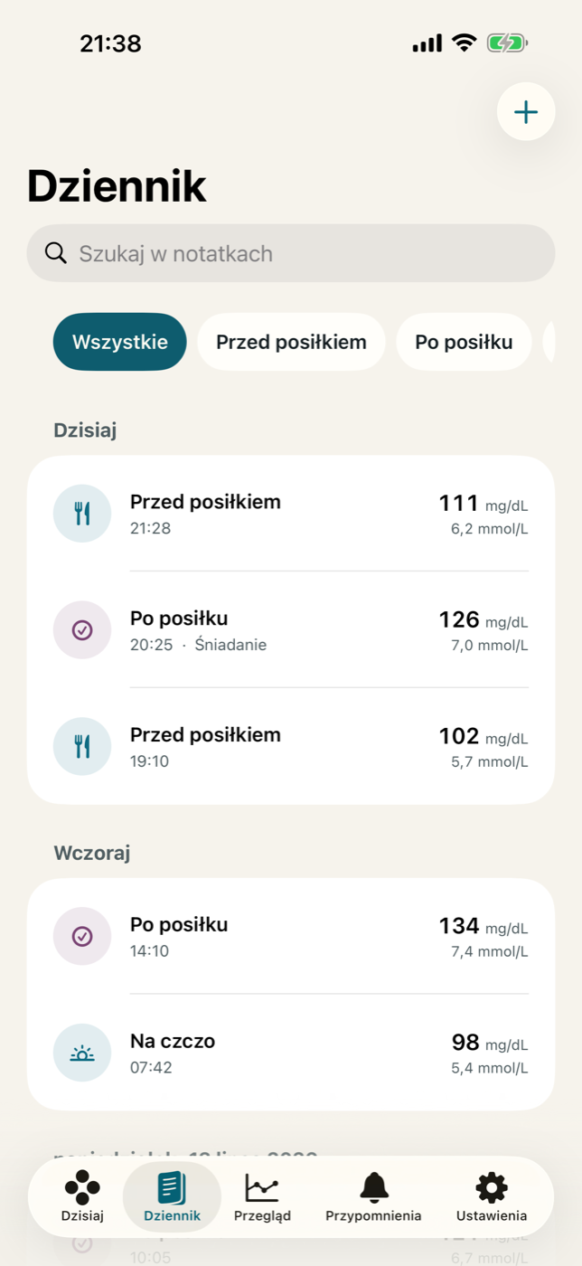 Historia wpisów w GlucoTrail na iPhonie