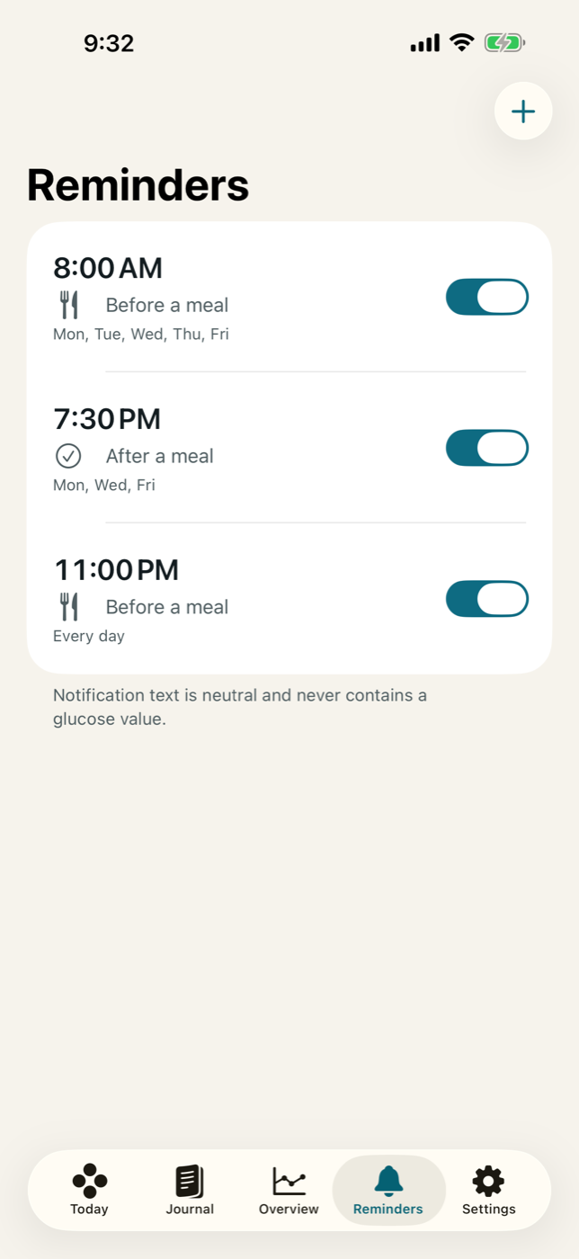 GlucoTrail reminder schedule on iPhone