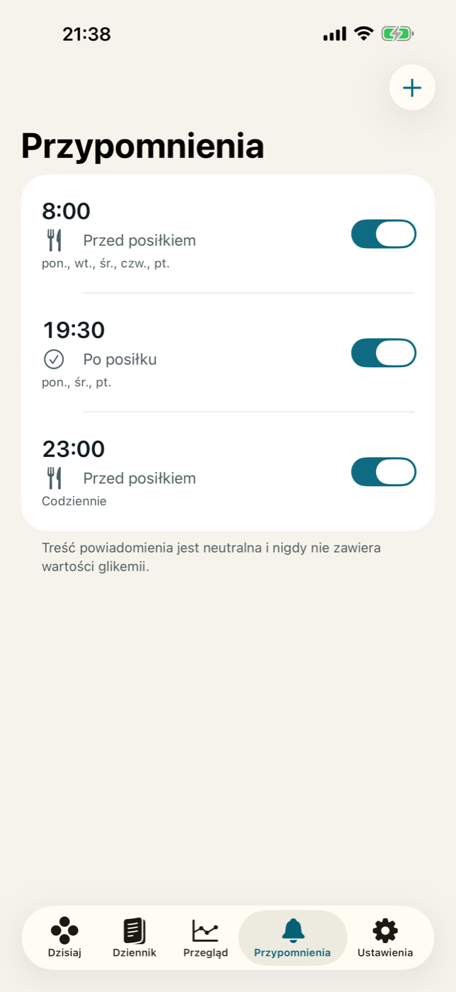 Harmonogram przypomnień w GlucoTrail na iPhonie