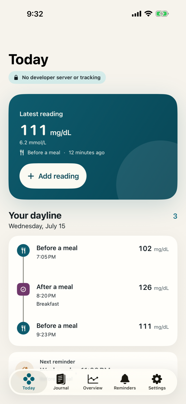 Daily GlucoTrail journal on iPhone