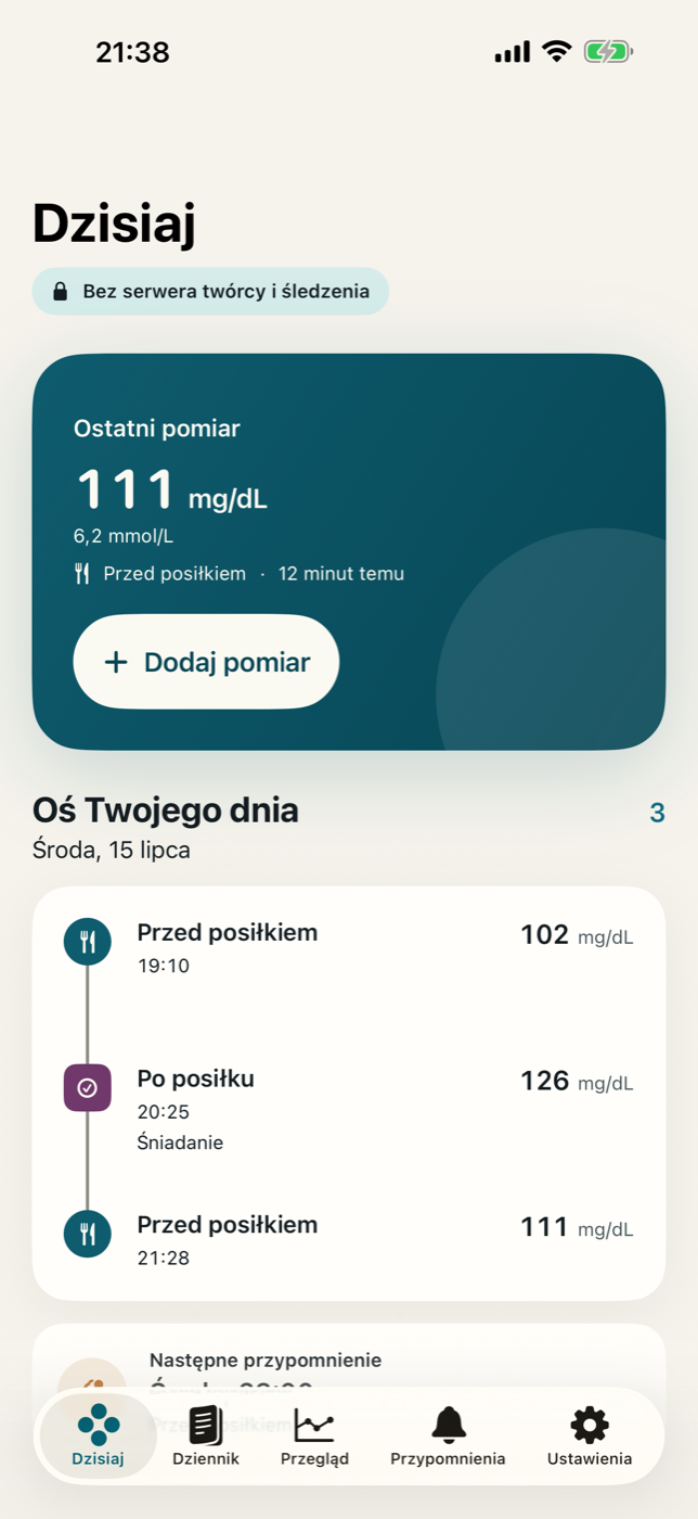 Dzienny przegląd wpisów w GlucoTrail na iPhonie